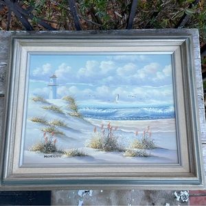 Summer Beach Vintage Original Oil Painting Lighthouse waves seagulls Morgan